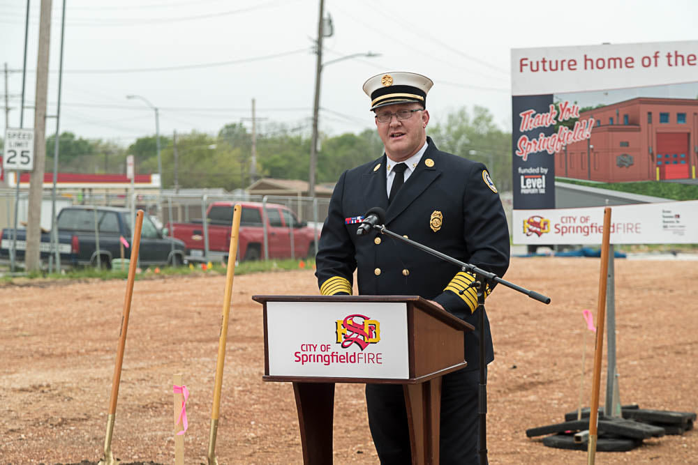 FIRE PREVENTIONSpringfield Fire Department Chief David Pennington speaks at an April 27 groundbreaking ceremony for the roughly $3 million Fire Station 4 project. The development comprises a new building at the site of the depot that was demolished March 26. Nesbitt Construction Inc. is serving as general contractor of the project designed by Esterly, Schneider & Associates Inc. Fire Station 4 is located at the boundary of the Doling and Robberson neighborhoods at 2423 N. Delaware Ave.